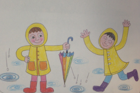 蜡粉笔,水彩颜料) 制作步骤: 1,用黑色铅笔画出穿着雨衣玩耍的小伙伴