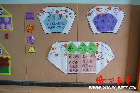 分享一下幼儿园教室国学环创的装饰方案: 一:教室 墙贴《弟子规》墙贴让儿童潜移默化地得到教育,很大程度上可获得认知的发展,激发其学习兴趣和求知欲望。 十二生肖剪纸类。生动的十二生肖给幼儿园增添了一份浓浓的民族气味 二:走廊 以文化长廊的方式,营造文化氛围,可以放上色彩鲜艳的面谱,美术课上请幼儿参与完成,不但增强幼儿的动手能力,把作品展览出来还可以让幼儿有成就感呢!还有就是民间艺术品风筝。中国的风筝已有二千多年的历史。它通过图案形象,给人以喜庆、吉祥如意和祝福之意;它融合了群众的欣赏习惯,反映人