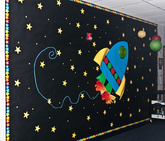 新学期做一面星空主题墙,让孩子们开始更深的探索吧~ 黑色背景贴上