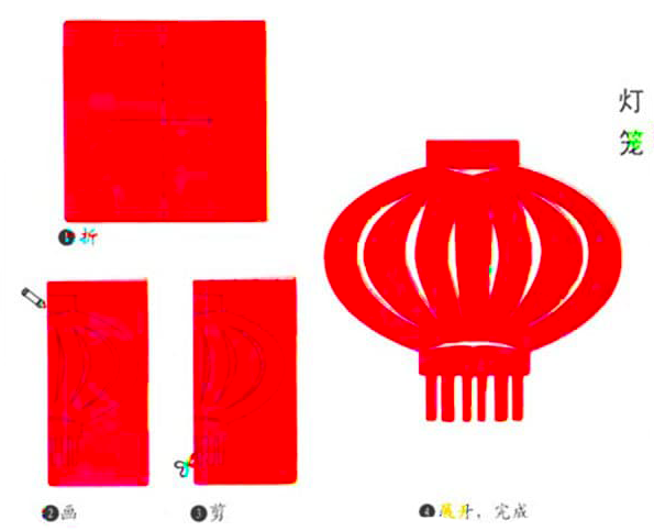 灯笼:对称图案的剪法,就算初学剪纸也很容易上手的.