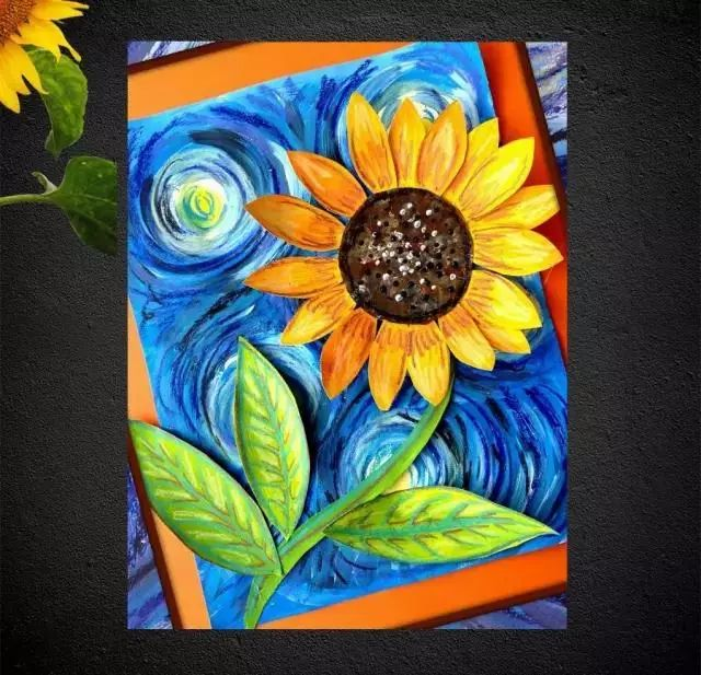 向日葵创意手工画:油画棒画出绚丽背景,再贴上用卡纸做的大大的向日葵