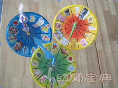 五,语言区 主要材料:纸盘,三种练习量词的图案 吸管 玩法:幼儿转动