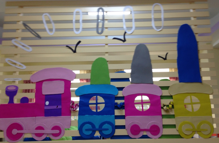 如可爱的小动物,卡通小火车或是布置一些照片墙,把幼