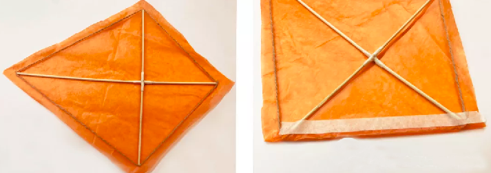 4.裁出比风筝骨架稍大一圈的薄纸,将多的部分向内折用美纹胶固定出.