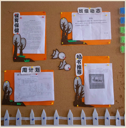 家园联系栏:分为班级动态,保育保健,周计划,好书推荐四个版块,帮助